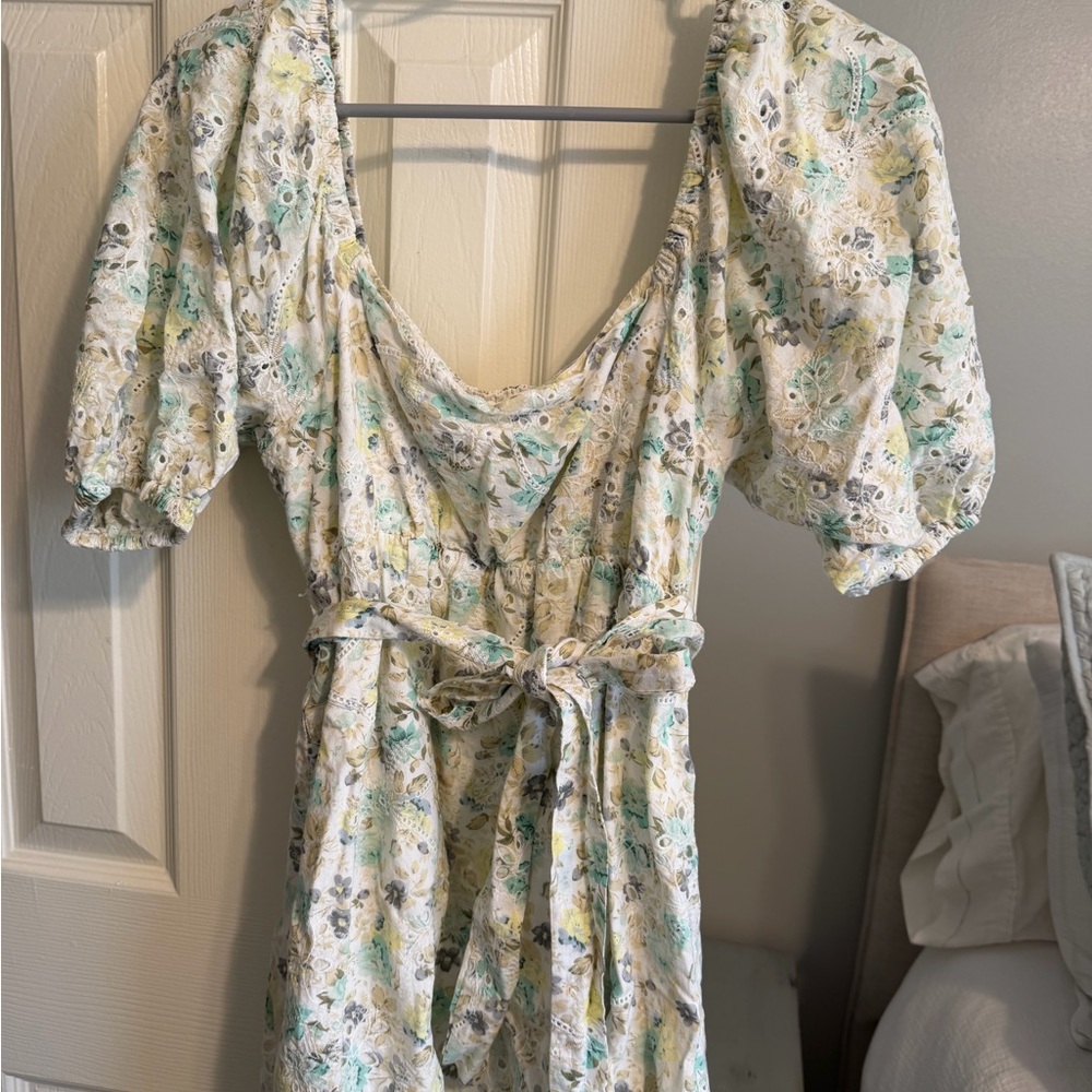 MINKPINK Floral Puff Sleeve Mini Dress - Green and Cream